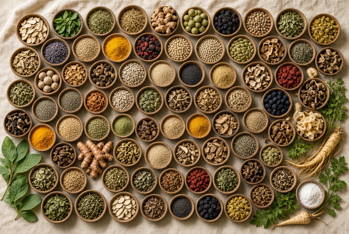 Bowls of herbs, roots, seeds and botanicals