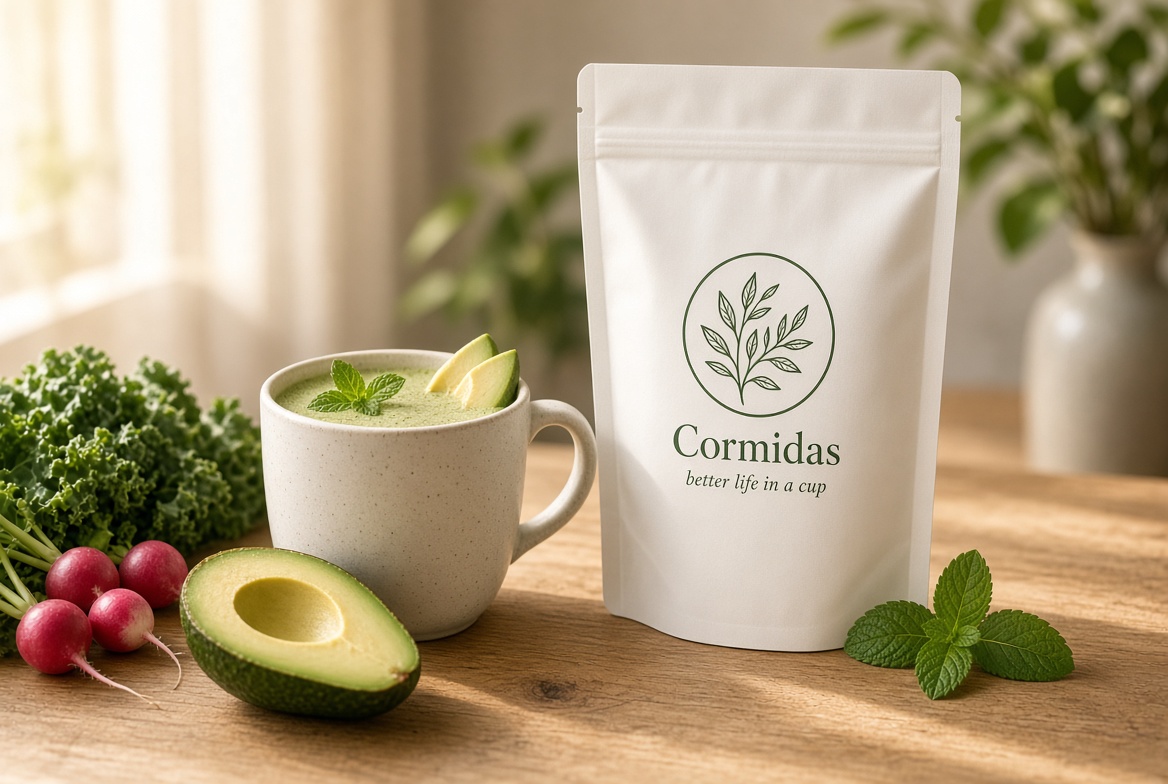 Cormidas pouch beside a green cup