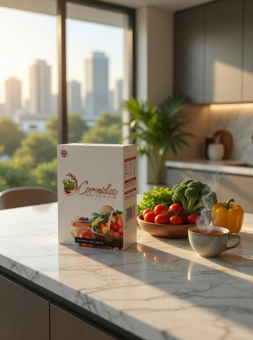 Cormidas carton on a sunlit kitchen counter
